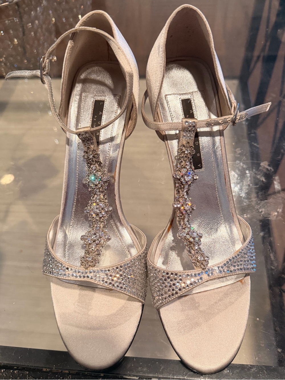 Laundry By Shelli Segal Champagne Satin Crystal T-Strap Heels